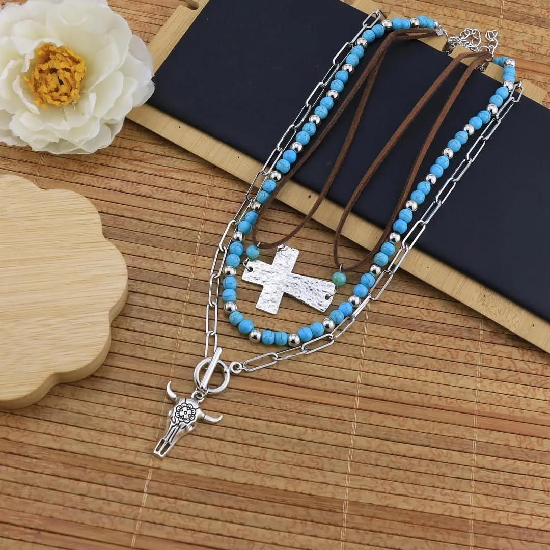 Western Necklaces for Women Turquoise Beaded Layered Chain Necklaces Boho Cowgirl Hat Boots Pendant Western Necklace Country Concert Cowgirl Dresses Accessories