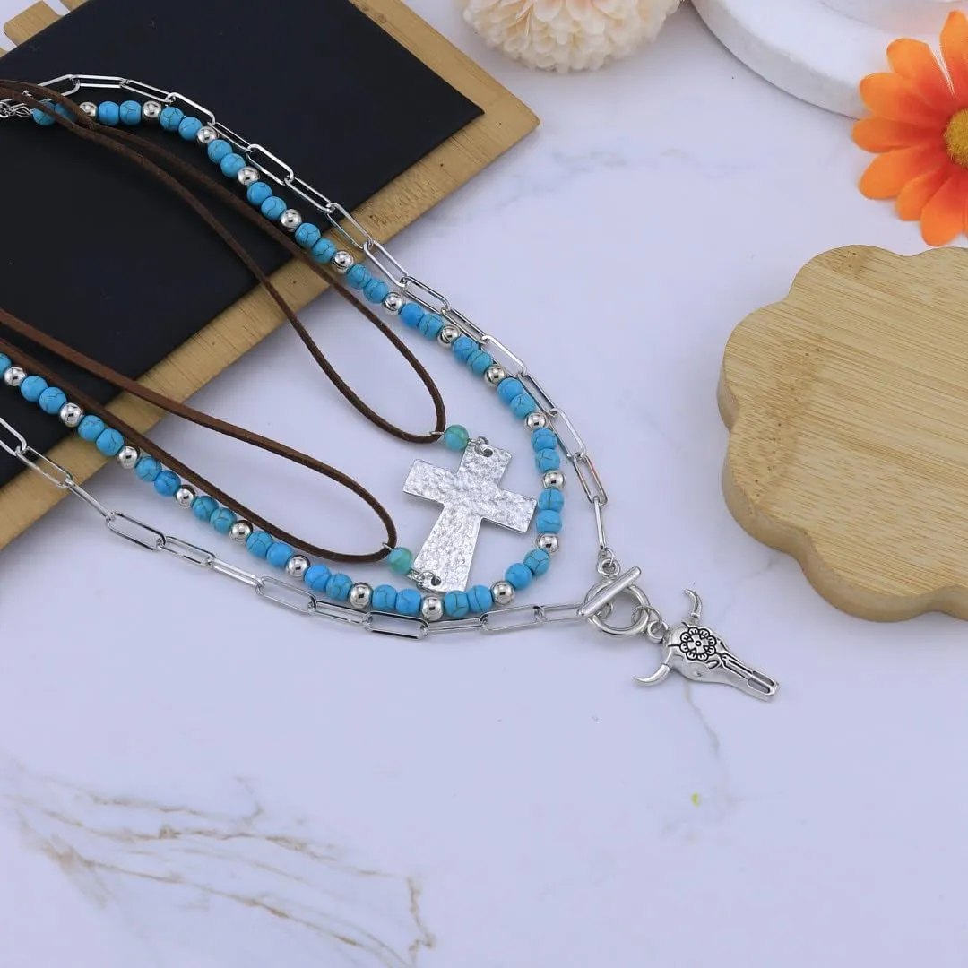 Western Necklaces for Women Turquoise Beaded Layered Chain Necklaces Boho Cowgirl Hat Boots Pendant Western Necklace Country Concert Cowgirl Dresses Accessories