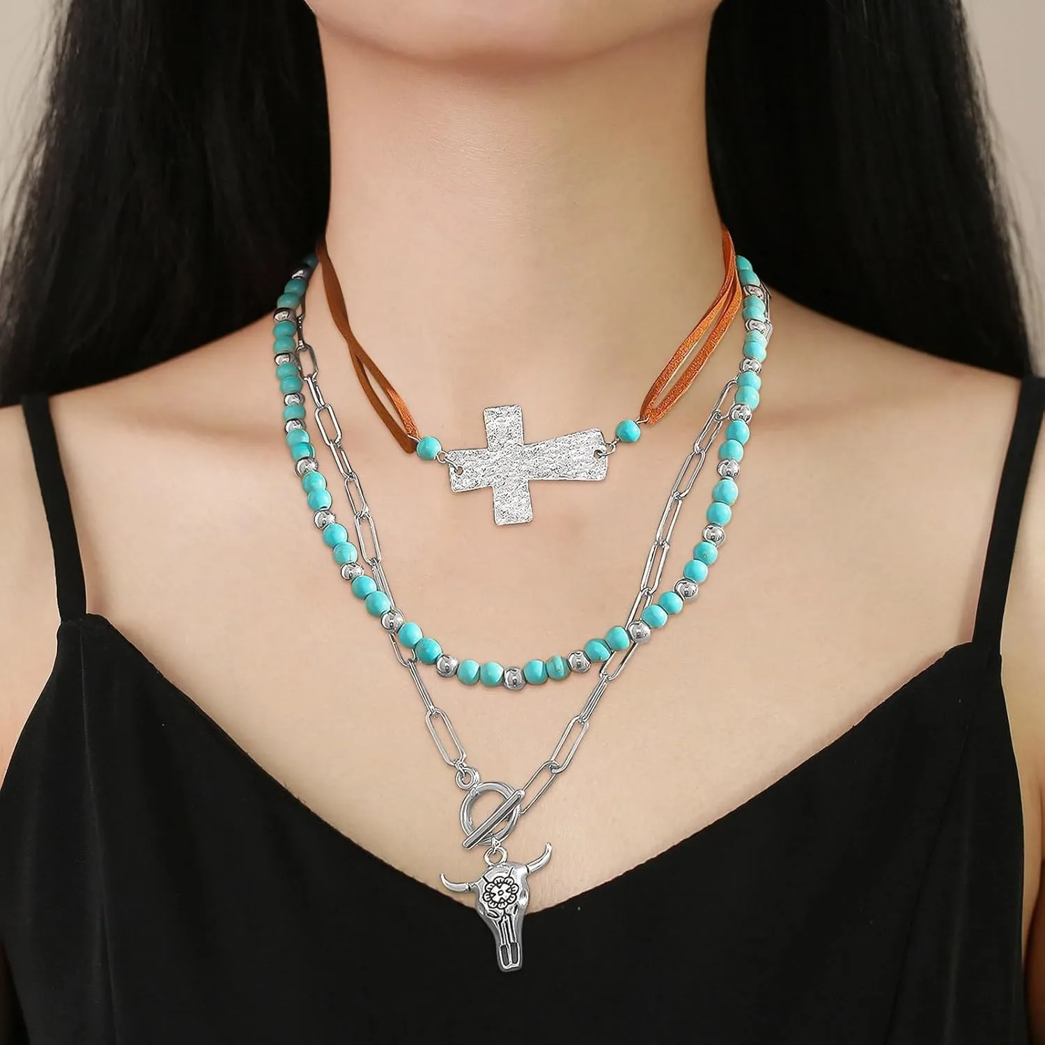 Western Necklaces for Women Turquoise Beaded Layered Chain Necklaces Boho Cowgirl Hat Boots Pendant Western Necklace Country Concert Cowgirl Dresses Accessories