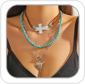 Western Necklaces for Women Turquoise Beaded Layered Chain Necklaces Boho Cowgirl Hat Boots Pendant Western Necklace Country Concert Cowgirl Dresses Accessories