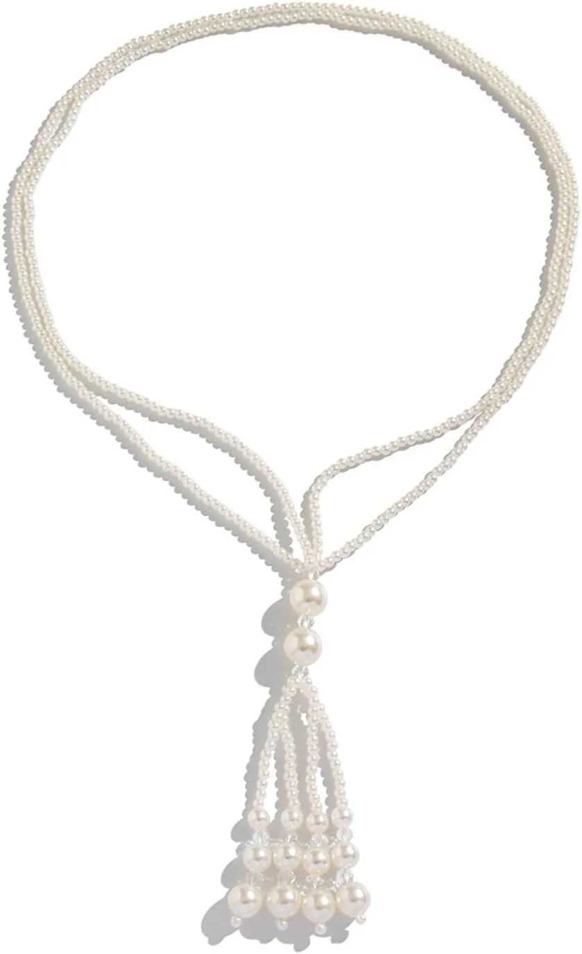 White Long Pearl Necklace for Women Layered Faux Pearls Necklace Vintage 1920s Gatsby Costume Jewelry