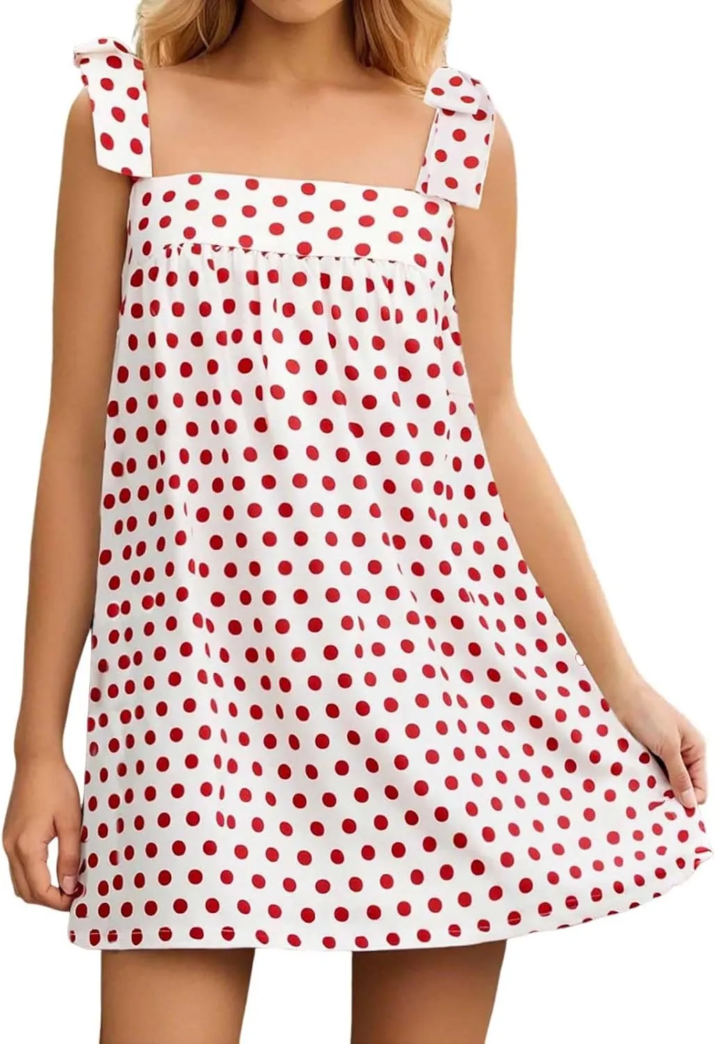 Women Floral Tie Shoulder Mini Strap Dress Cute Square Neck Loose Fit Beach Short Dress Backless Boho Vacation Sundress