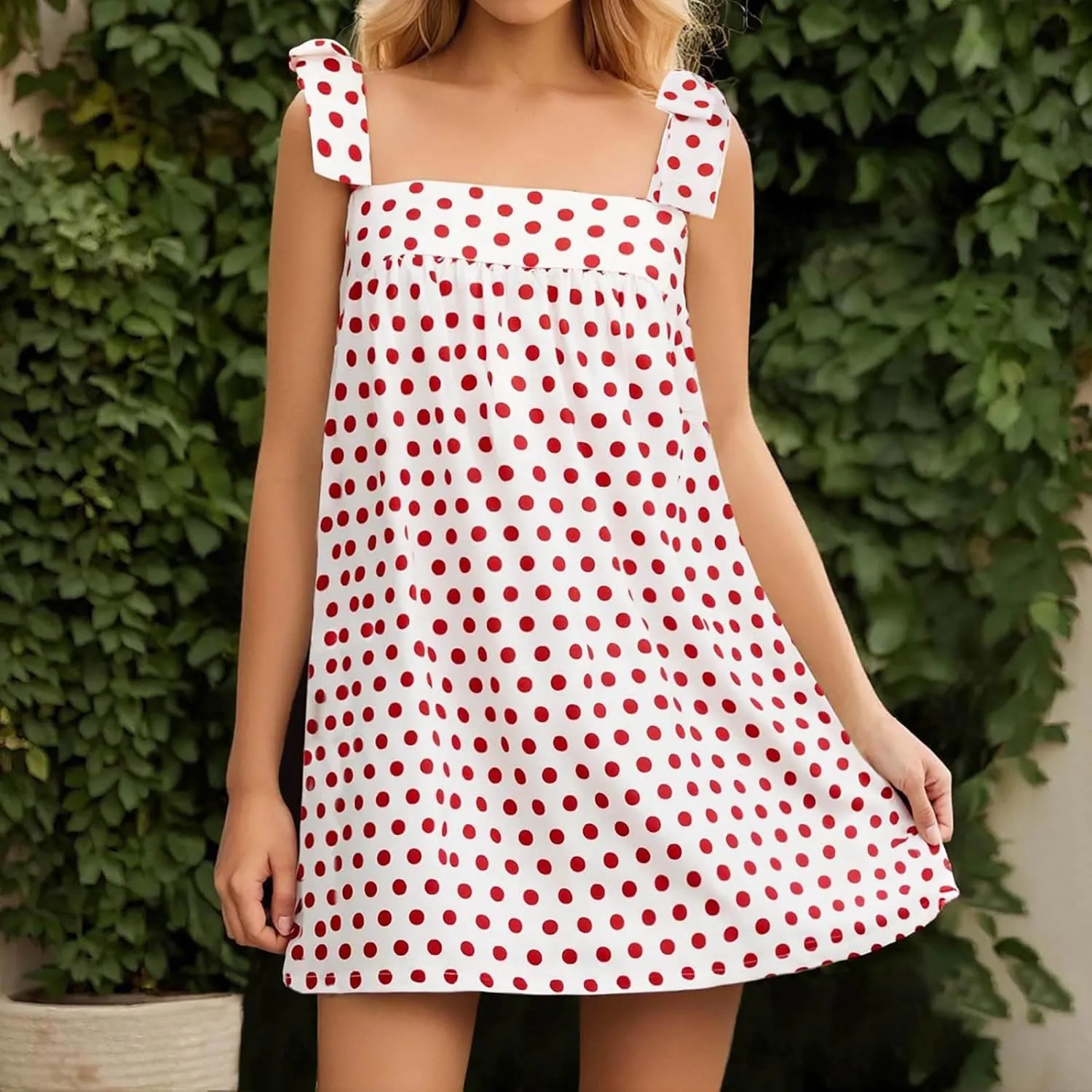 Women Floral Tie Shoulder Mini Strap Dress Cute Square Neck Loose Fit Beach Short Dress Backless Boho Vacation Sundress