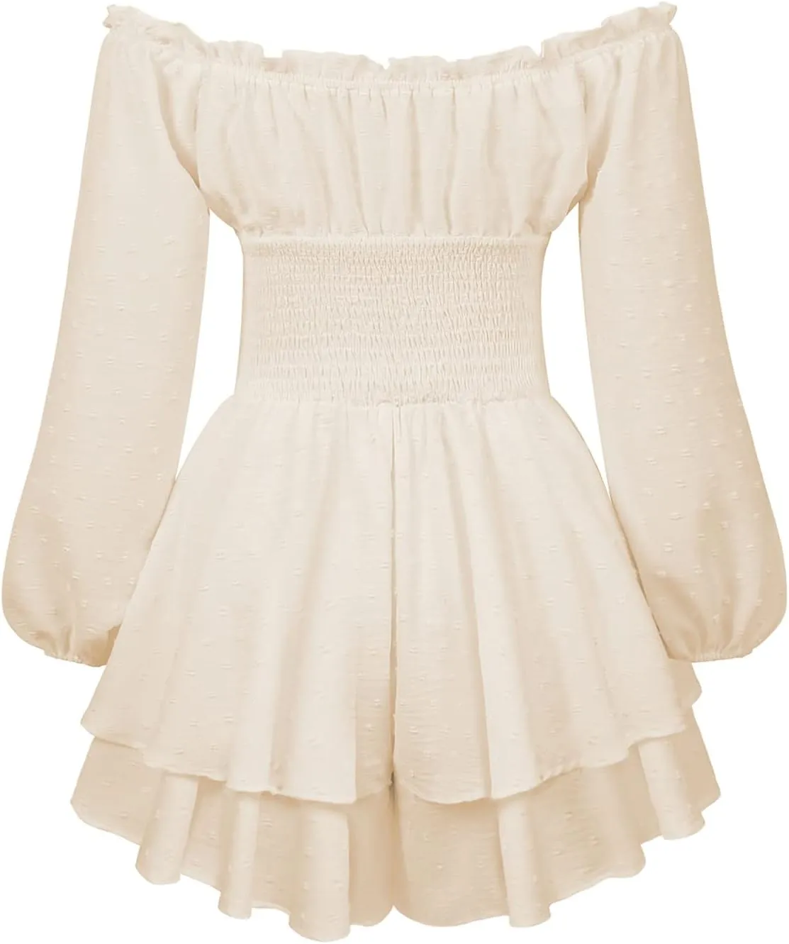 Women Puff Sleeve Romper Off Shoulder Ruffle Dress with Shorts Long Sleeve Flowy Layered Pirate Jumpsuit Playsuits