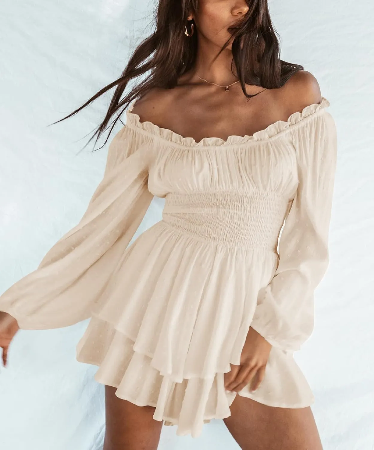 Women Puff Sleeve Romper Off Shoulder Ruffle Dress with Shorts Long Sleeve Flowy Layered Pirate Jumpsuit Playsuits