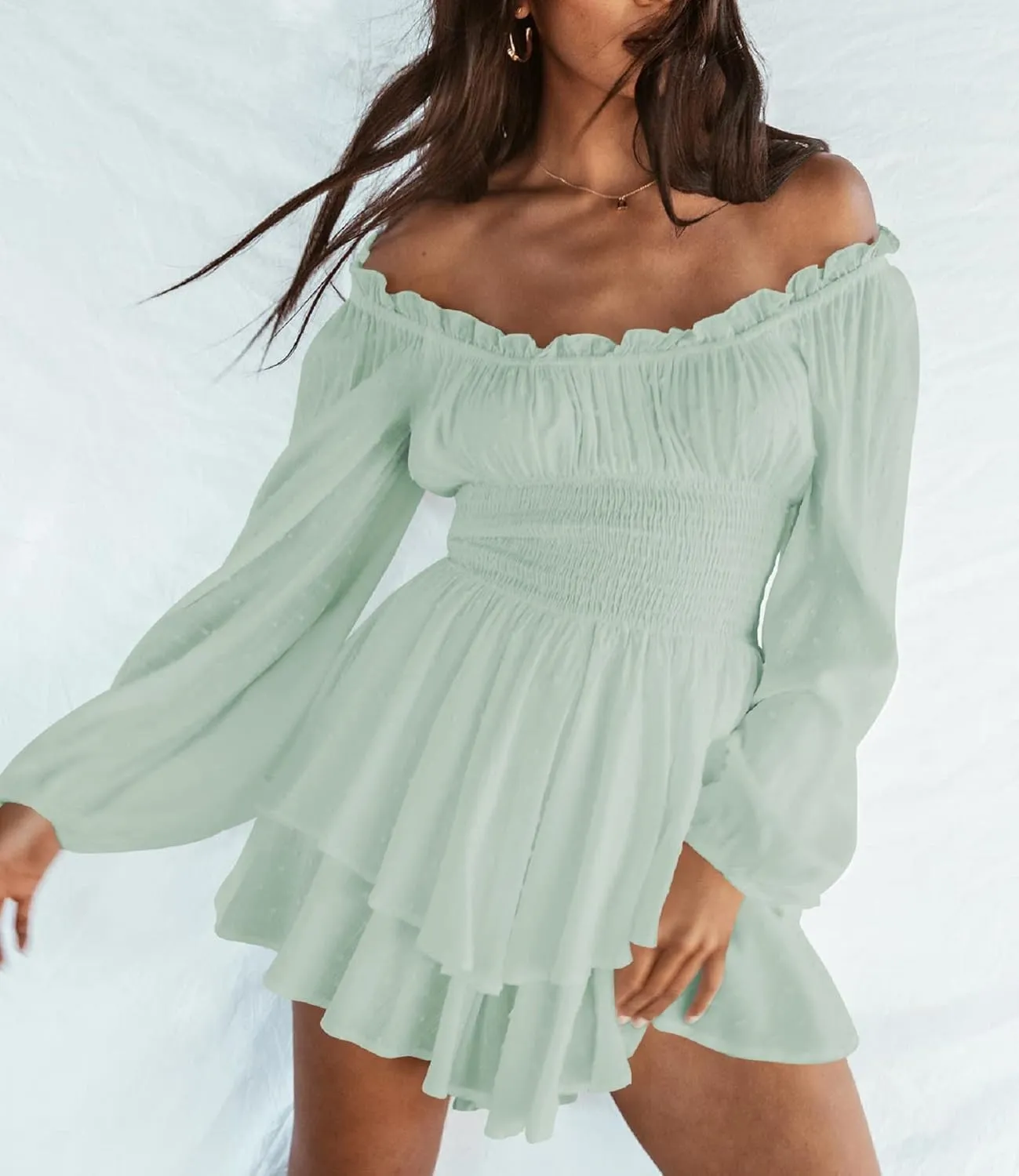 Women Puff Sleeve Romper Off Shoulder Ruffle Dress with Shorts Long Sleeve Flowy Layered Pirate Jumpsuit Playsuits