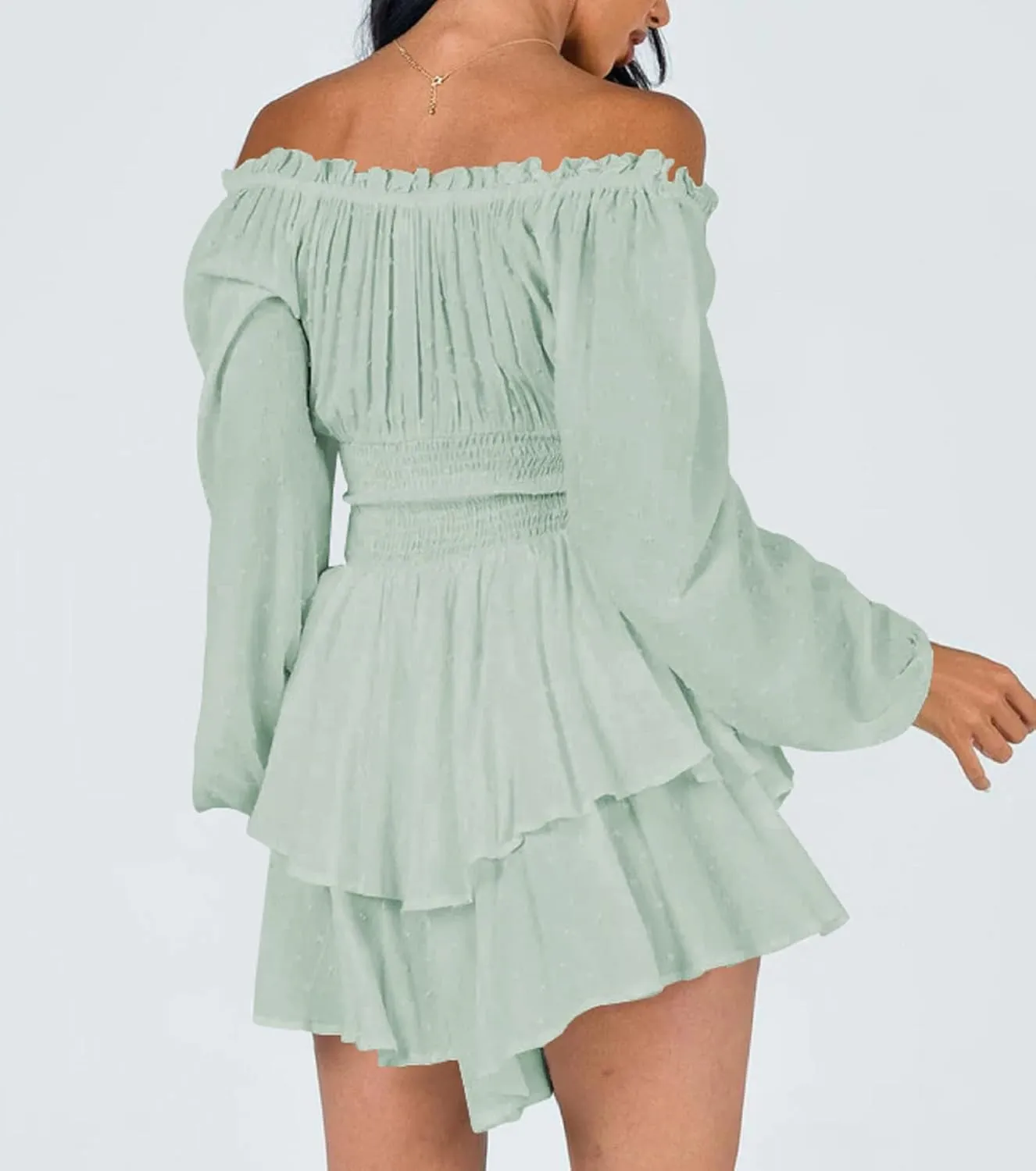 Women Puff Sleeve Romper Off Shoulder Ruffle Dress with Shorts Long Sleeve Flowy Layered Pirate Jumpsuit Playsuits