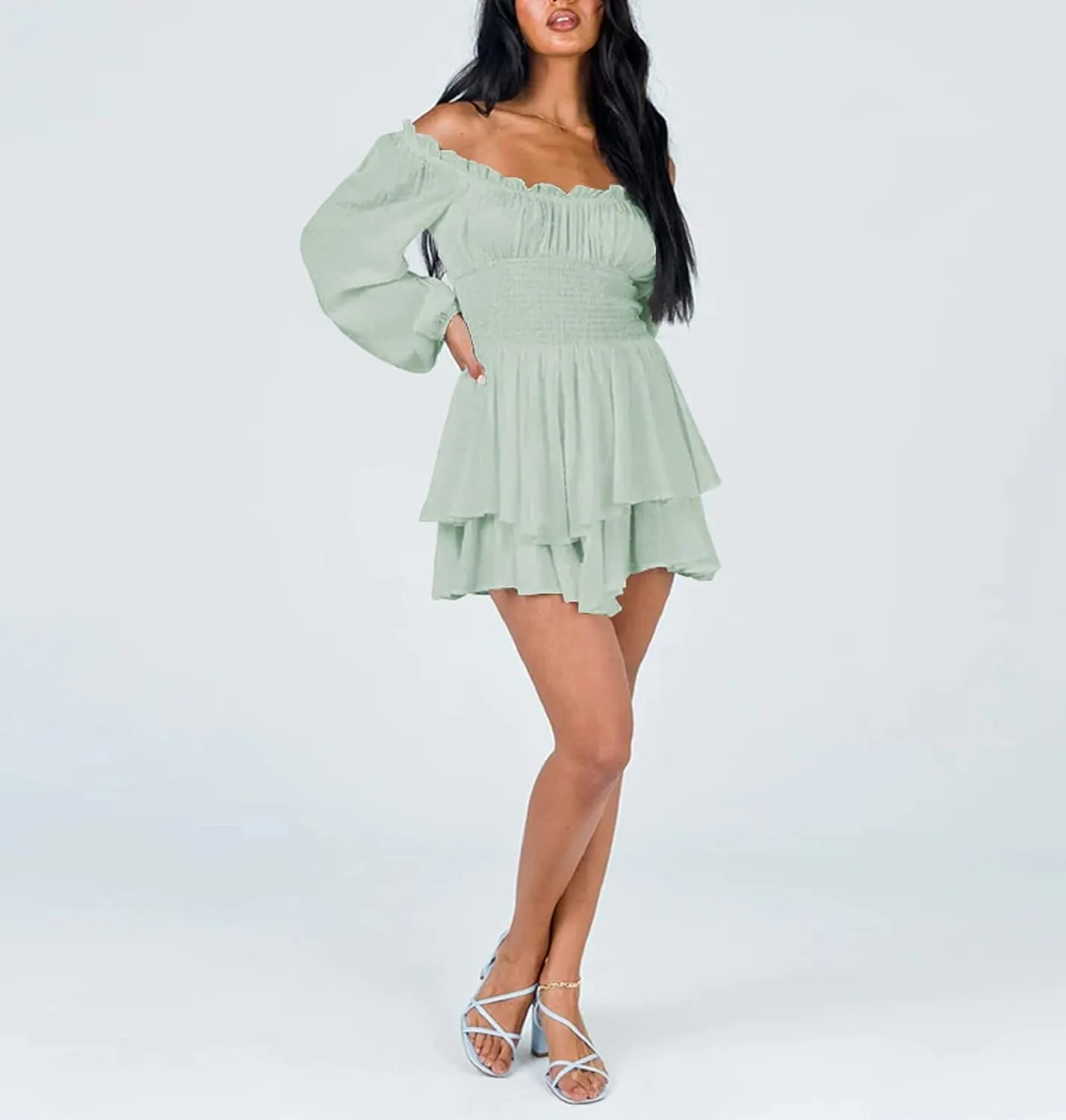 Women Puff Sleeve Romper Off Shoulder Ruffle Dress with Shorts Long Sleeve Flowy Layered Pirate Jumpsuit Playsuits