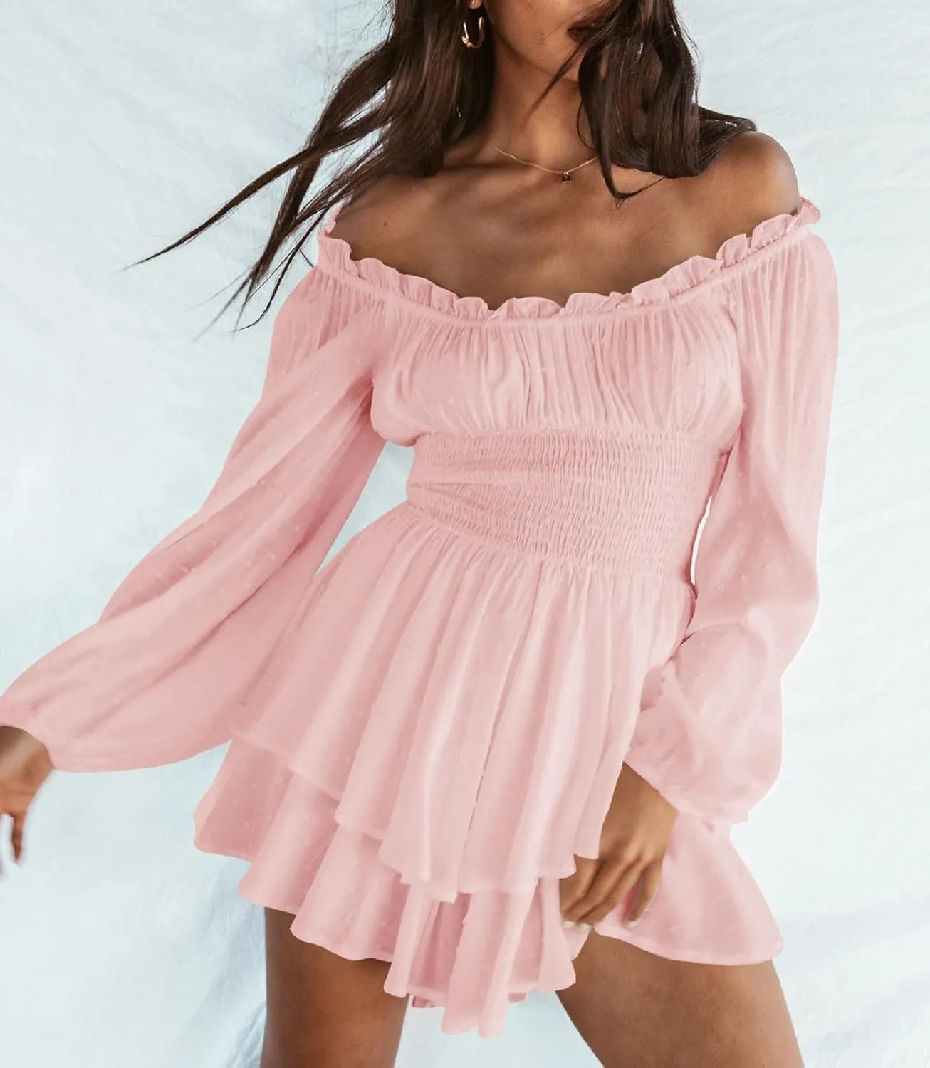 Women Puff Sleeve Romper Off Shoulder Ruffle Dress with Shorts Long Sleeve Flowy Layered Pirate Jumpsuit Playsuits