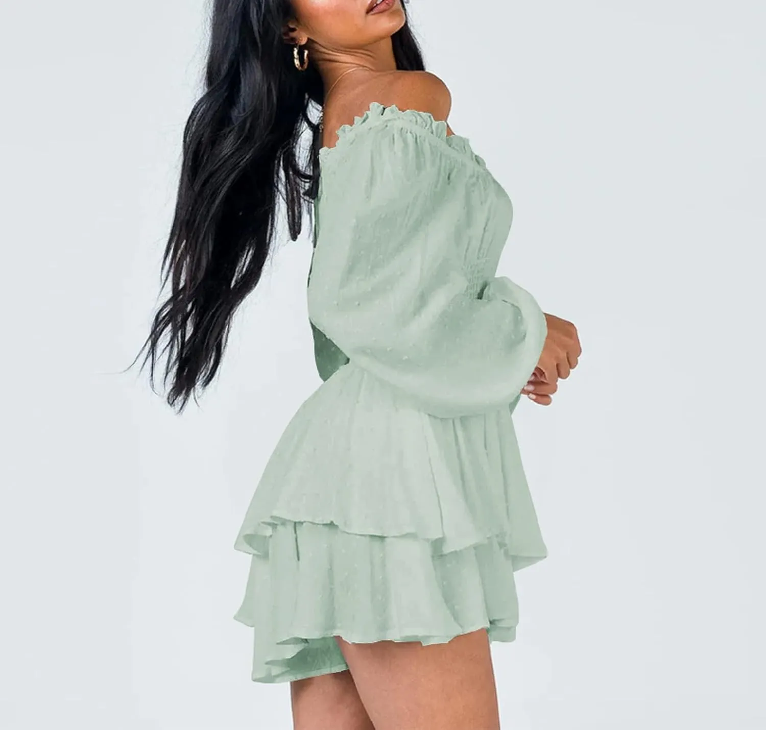 Women Puff Sleeve Romper Off Shoulder Ruffle Dress with Shorts Long Sleeve Flowy Layered Pirate Jumpsuit Playsuits
