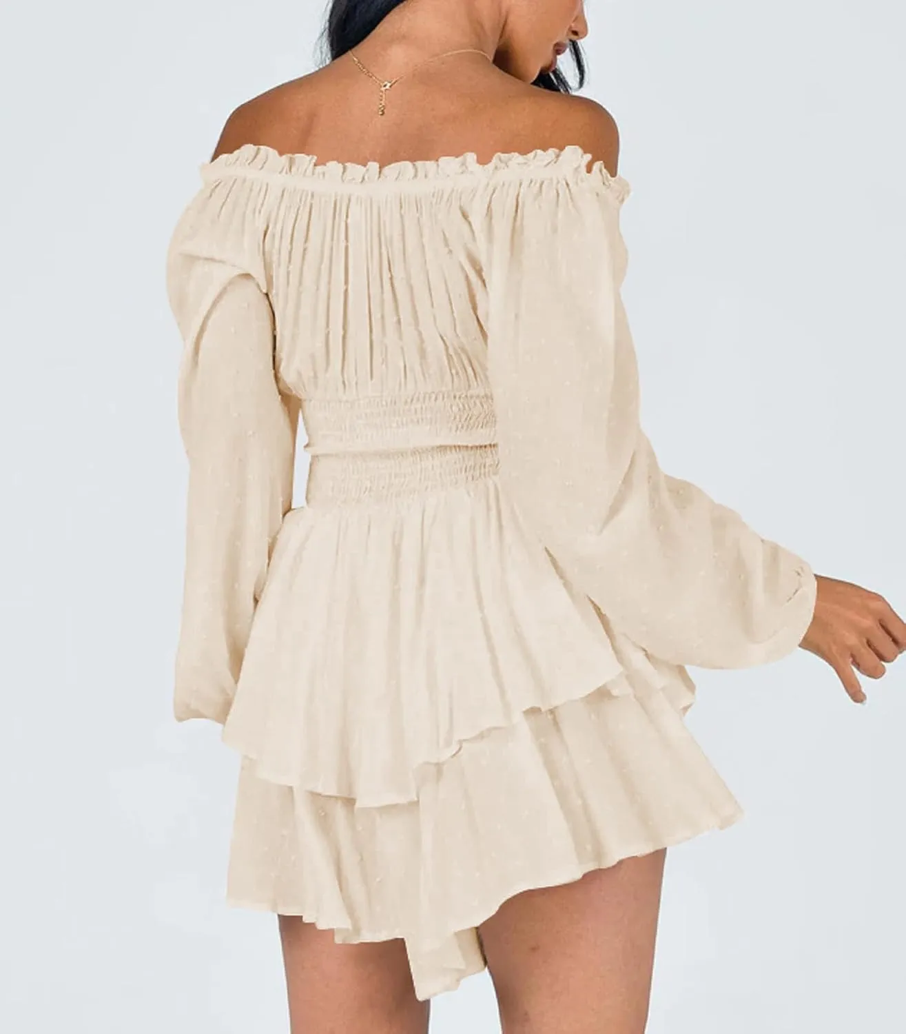 Women Puff Sleeve Romper Off Shoulder Ruffle Dress with Shorts Long Sleeve Flowy Layered Pirate Jumpsuit Playsuits
