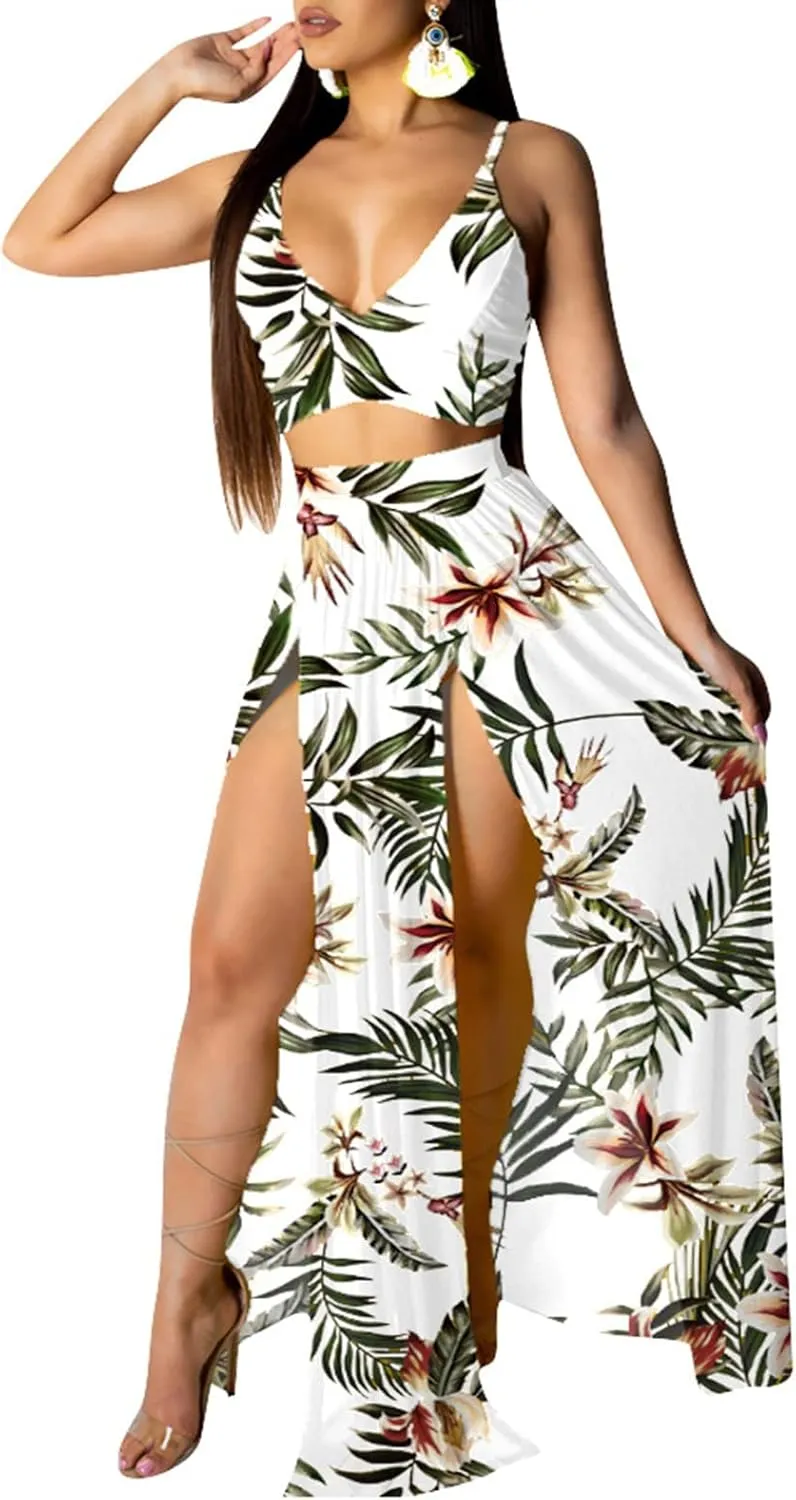 Women Sexy 2 Piece Outfits Dress Chiffon Strap Deep V Neck Bra Crop Top High Split Maxi Dresses Skirt Set