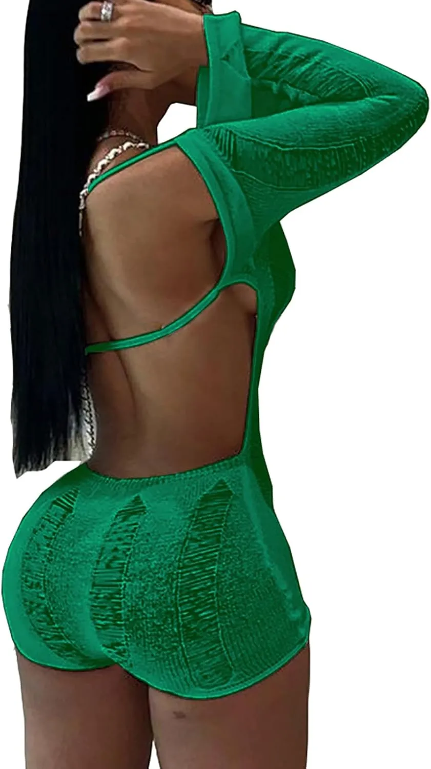 Women Sexy Off Shoulder Crochet Knitted Hollow Out Long Sleeve Romper Backless Bodycon Party Club Night Rompers
