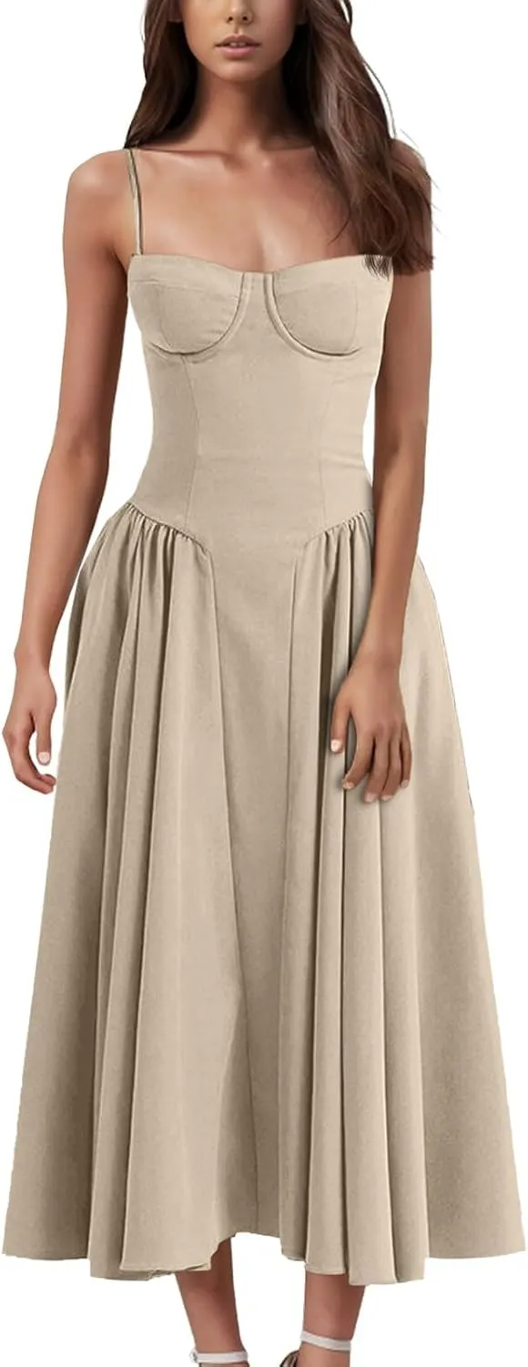 Women Sexy Sleeveless Off Shoulder Cami Dress Spaghetti Strap Corset Dress High Waist Casual Midi Evening Dress