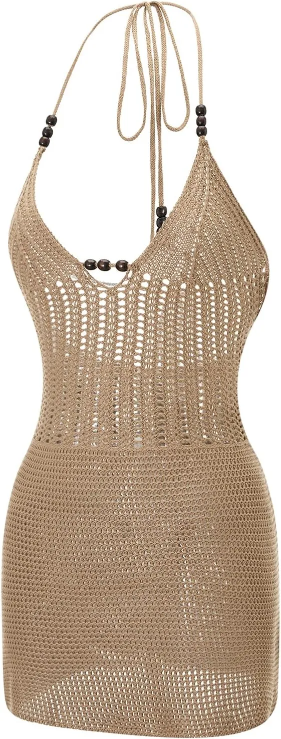 Women Summer Backless Sexy Dress Knit Crochet Cutout Beach Party Club Sleeveless Short Sundress