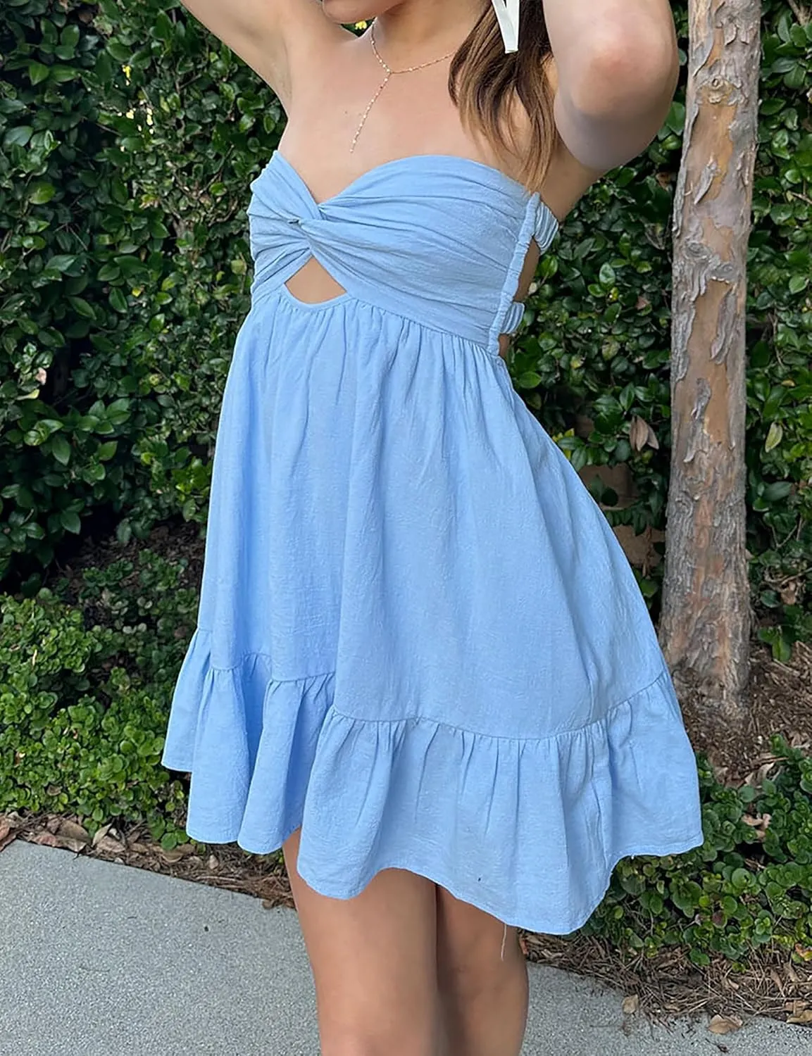 Women Twist Knot Tube Dress Summer Strapless Cutout Aline Bandeau Mini Dress Backless Ruffle Beach Sundress