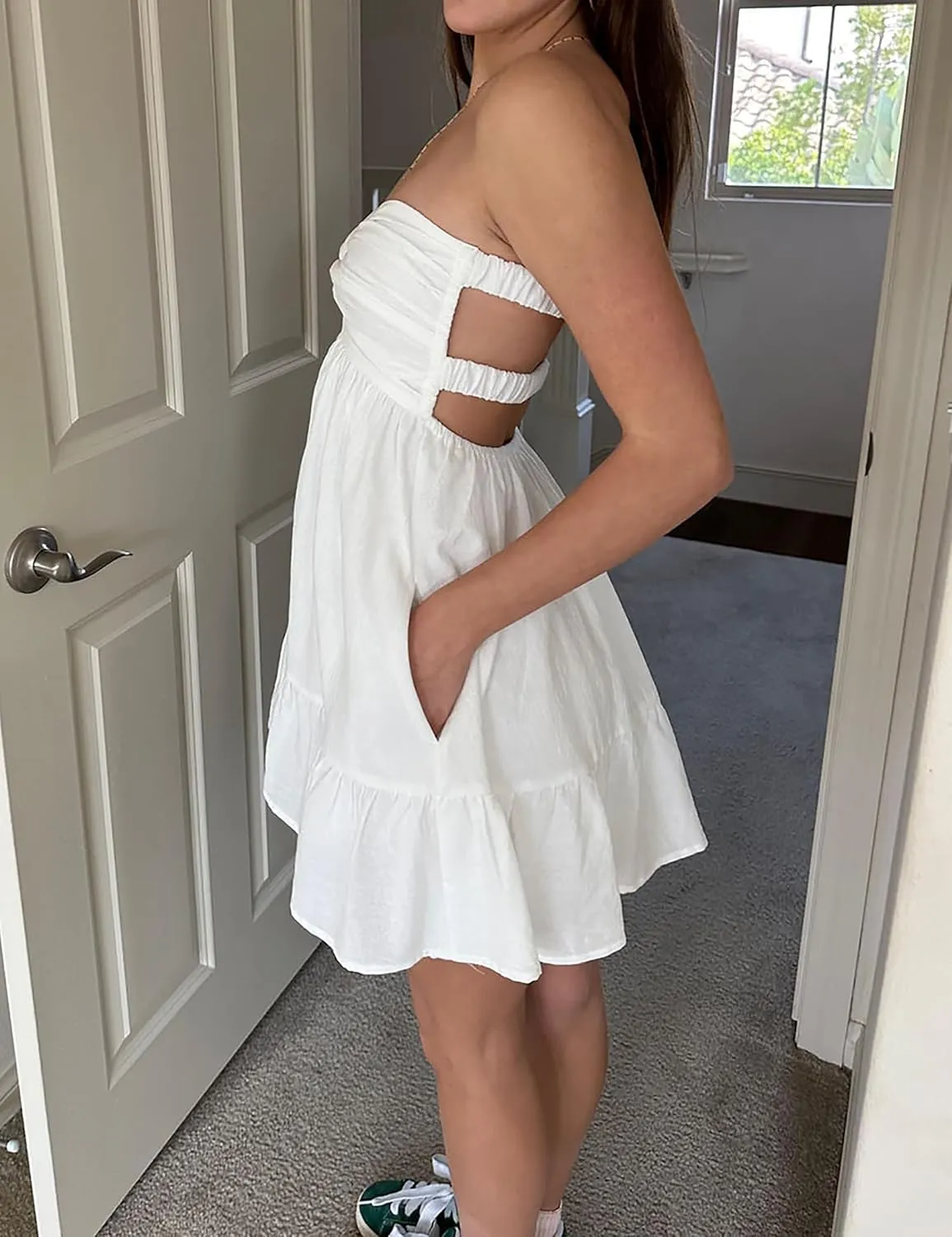 Women Twist Knot Tube Dress Summer Strapless Cutout Aline Bandeau Mini Dress Backless Ruffle Beach Sundress