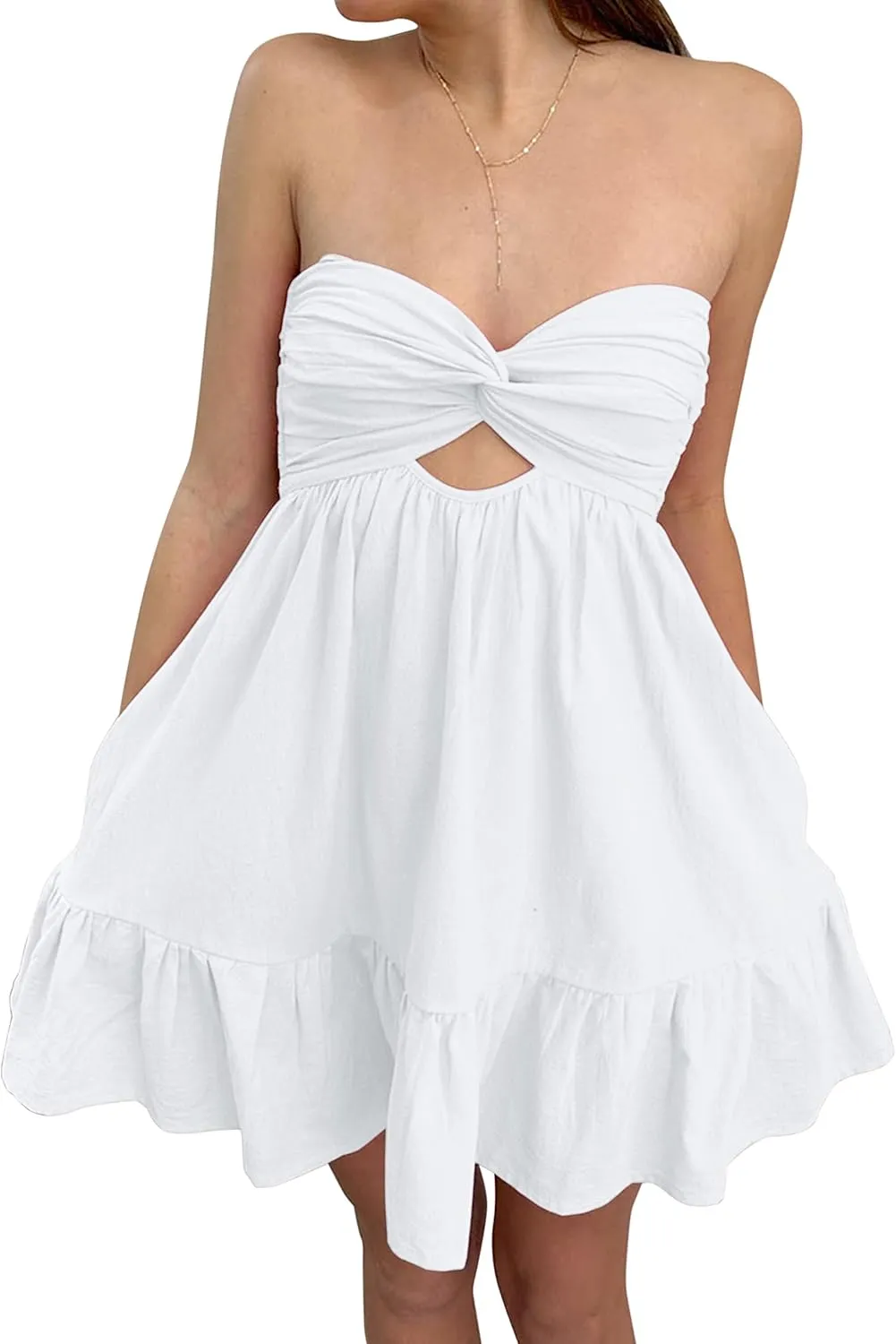 Women Twist Knot Tube Dress Summer Strapless Cutout Aline Bandeau Mini Dress Backless Ruffle Beach Sundress