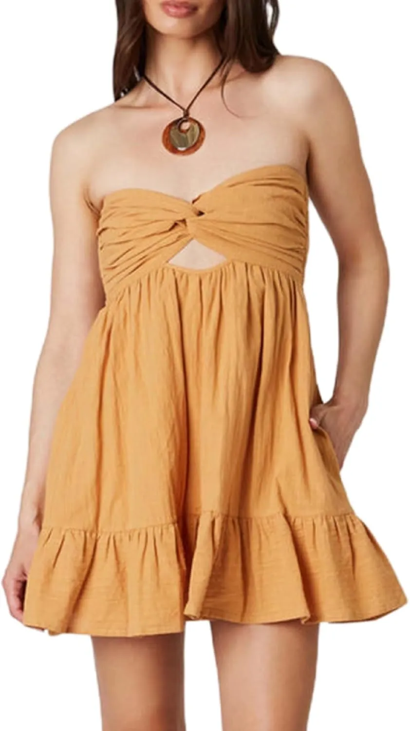 Women Twist Knot Tube Dress Summer Strapless Cutout Aline Bandeau Mini Dress Backless Ruffle Beach Sundress