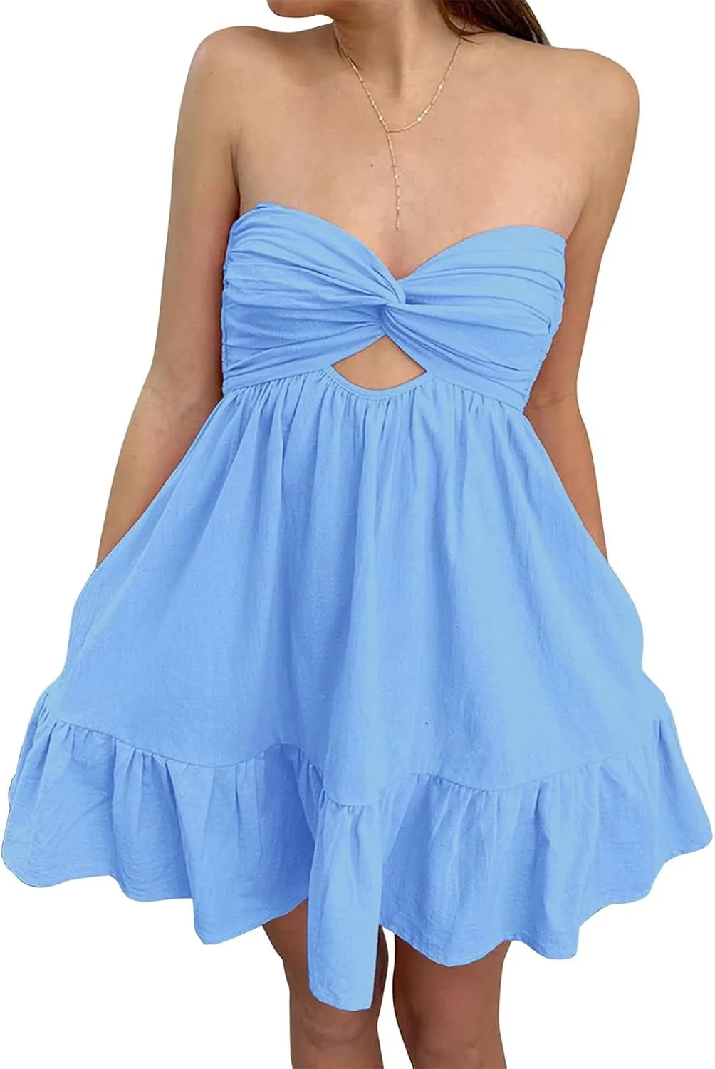 Women Twist Knot Tube Dress Summer Strapless Cutout Aline Bandeau Mini Dress Backless Ruffle Beach Sundress