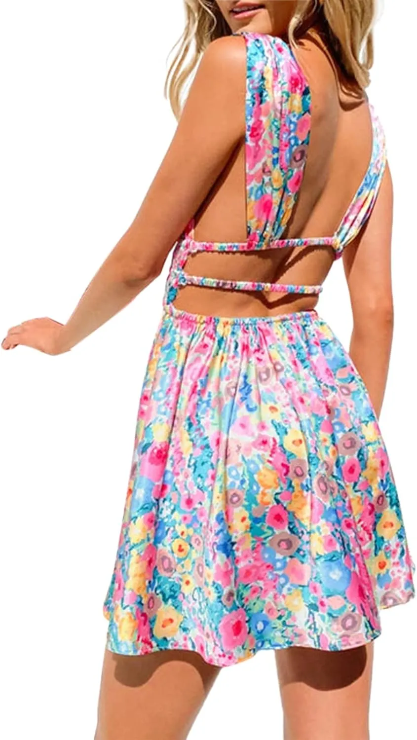 Women Y2k Floral Deep V Neck Mini Dress Sleeveless Low Cut Cutout Backless Slip Mini Dress