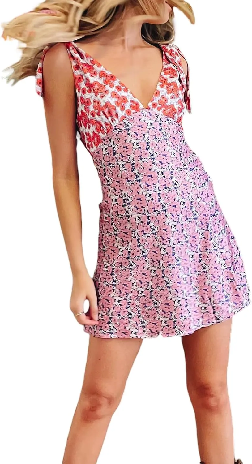 Women Y2k Floral Deep V Neck Mini Dress Sleeveless Low Cut Cutout Backless Slip Mini Dress