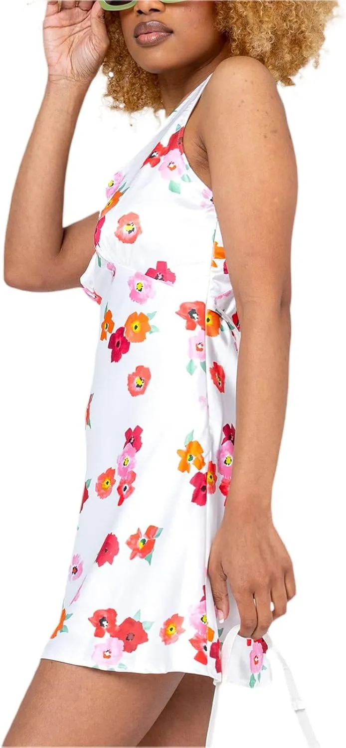 Women Y2k Floral Deep V Neck Mini Dress Sleeveless Low Cut Cutout Backless Slip Mini Dress