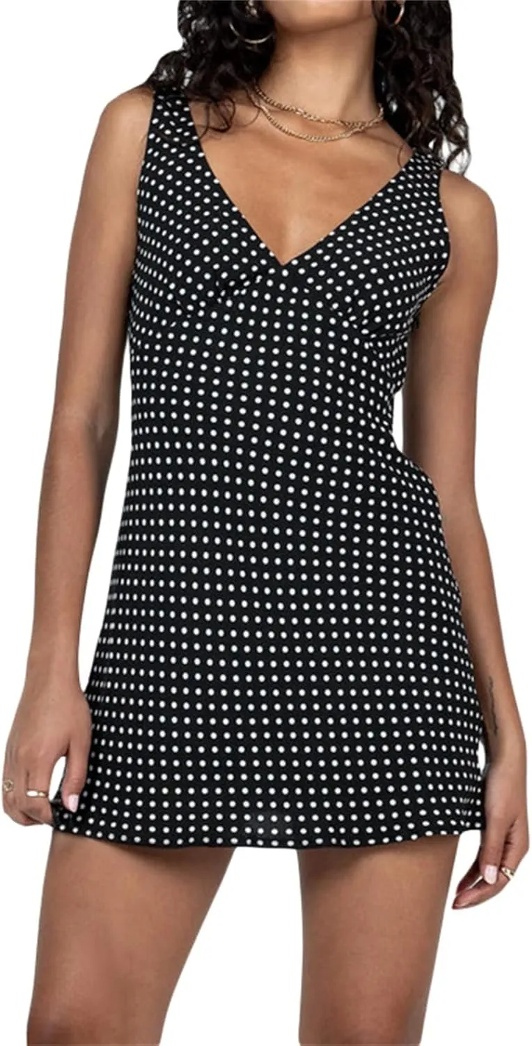 Women Y2k Floral Deep V Neck Mini Dress Sleeveless Low Cut Cutout Backless Slip Mini Dress
