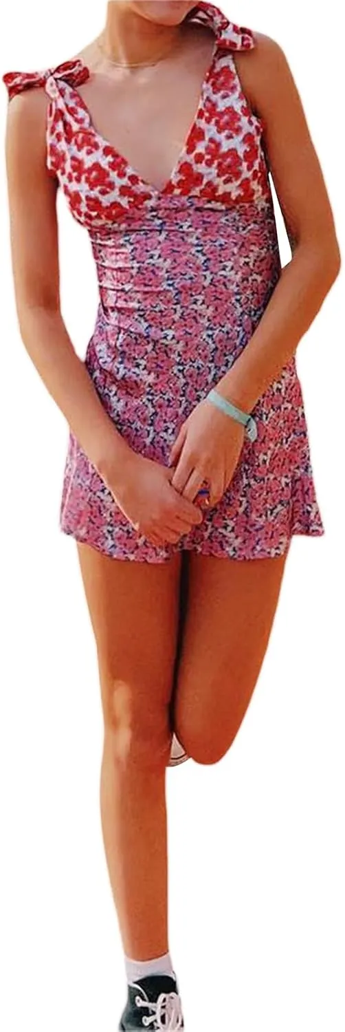 Women Y2k Floral Deep V Neck Mini Dress Sleeveless Low Cut Cutout Backless Slip Mini Dress