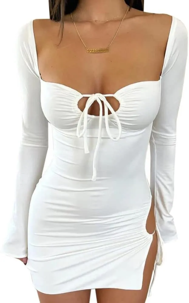 Women Y2K Ruffle Mini Dress Sexy V Neck Mesh See Through Cutout Bodycon Short Dress Tie Dye Low Cut Slim Fit Beach Dress