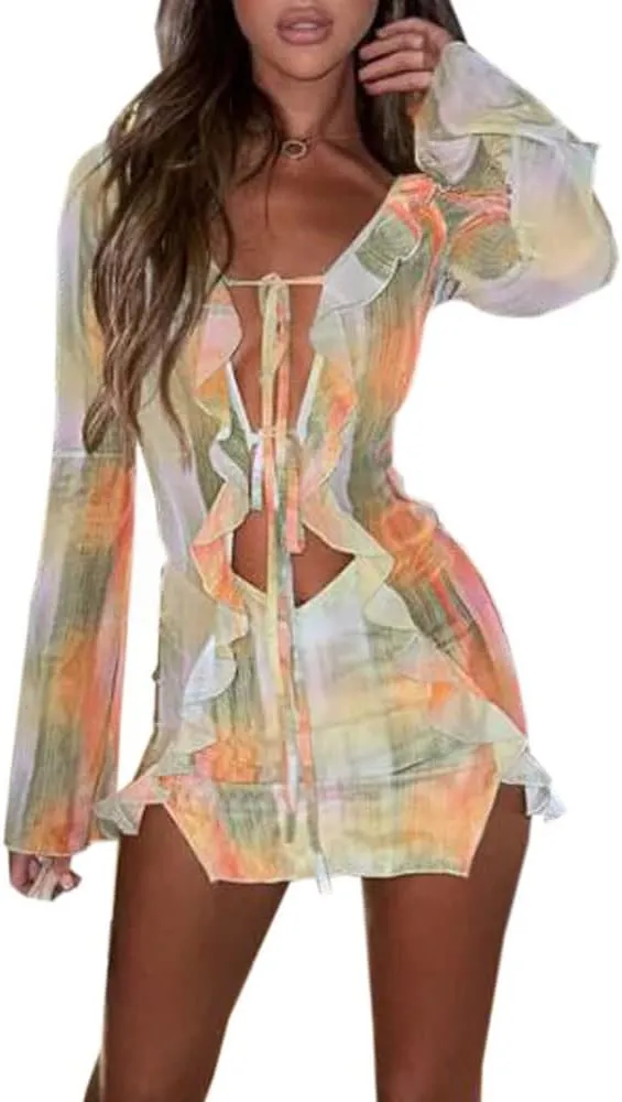 Women Y2K Ruffle Mini Dress Sexy V Neck Mesh See Through Cutout Bodycon Short Dress Tie Dye Low Cut Slim Fit Beach Dress