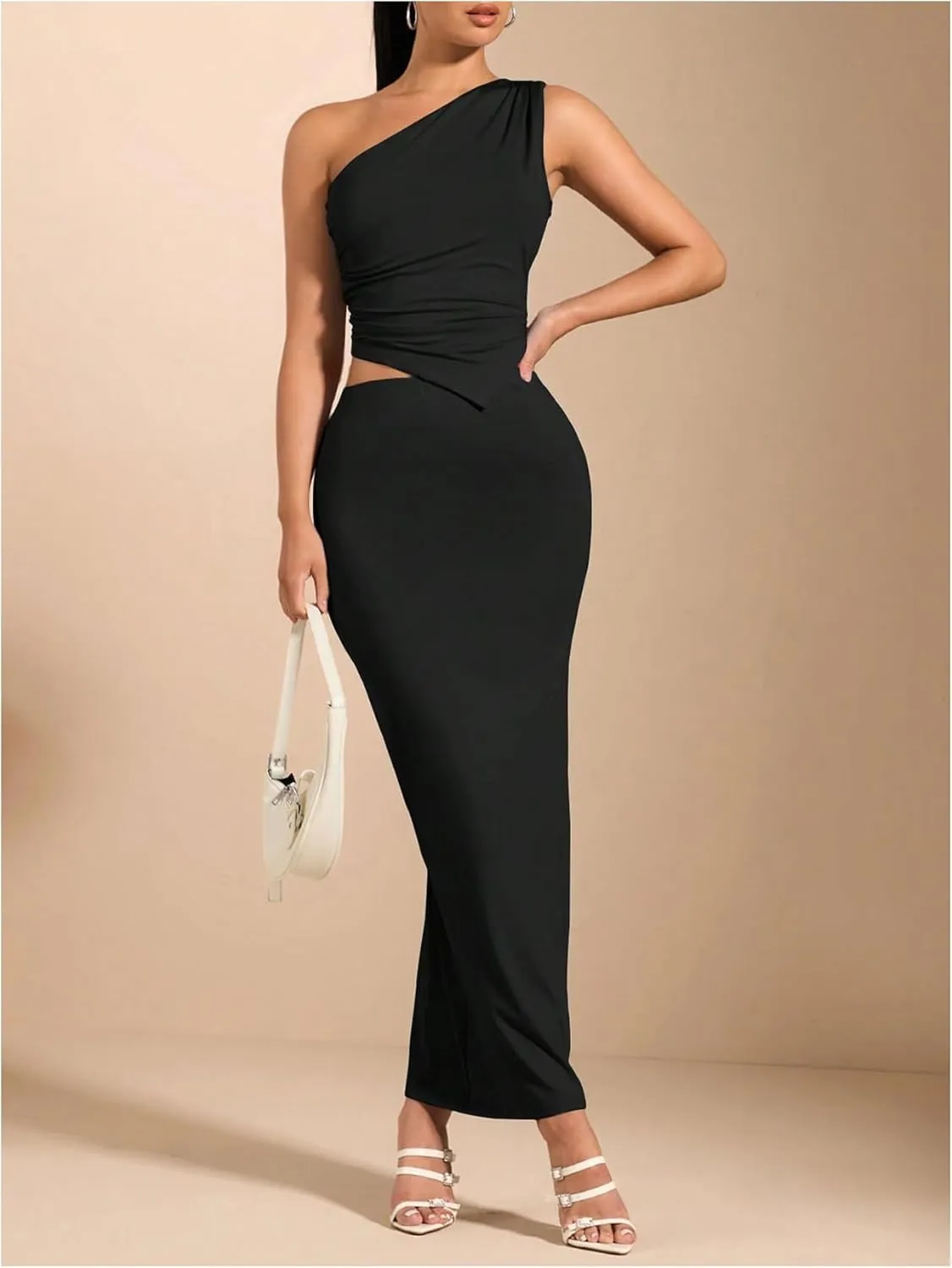 Women's 2 Piece Outfits One Shoulder Asymmetrical Hem Crop Top and Maxi Pencil Long Skirt Set