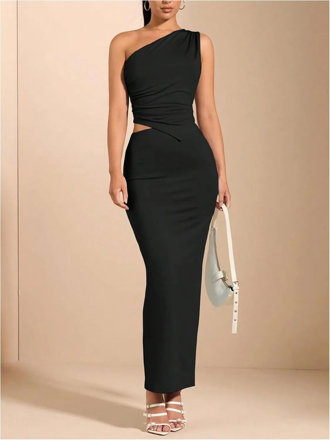 Women's 2 Piece Outfits One Shoulder Asymmetrical Hem Crop Top and Maxi Pencil Long Skirt Set