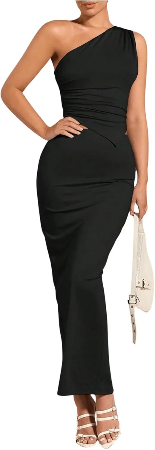 Women's 2 Piece Outfits One Shoulder Asymmetrical Hem Crop Top and Maxi Pencil Long Skirt Set