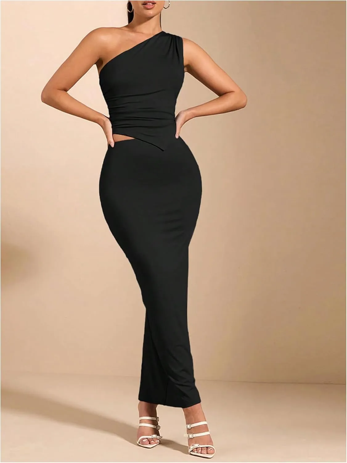 Women's 2 Piece Outfits One Shoulder Asymmetrical Hem Crop Top and Maxi Pencil Long Skirt Set