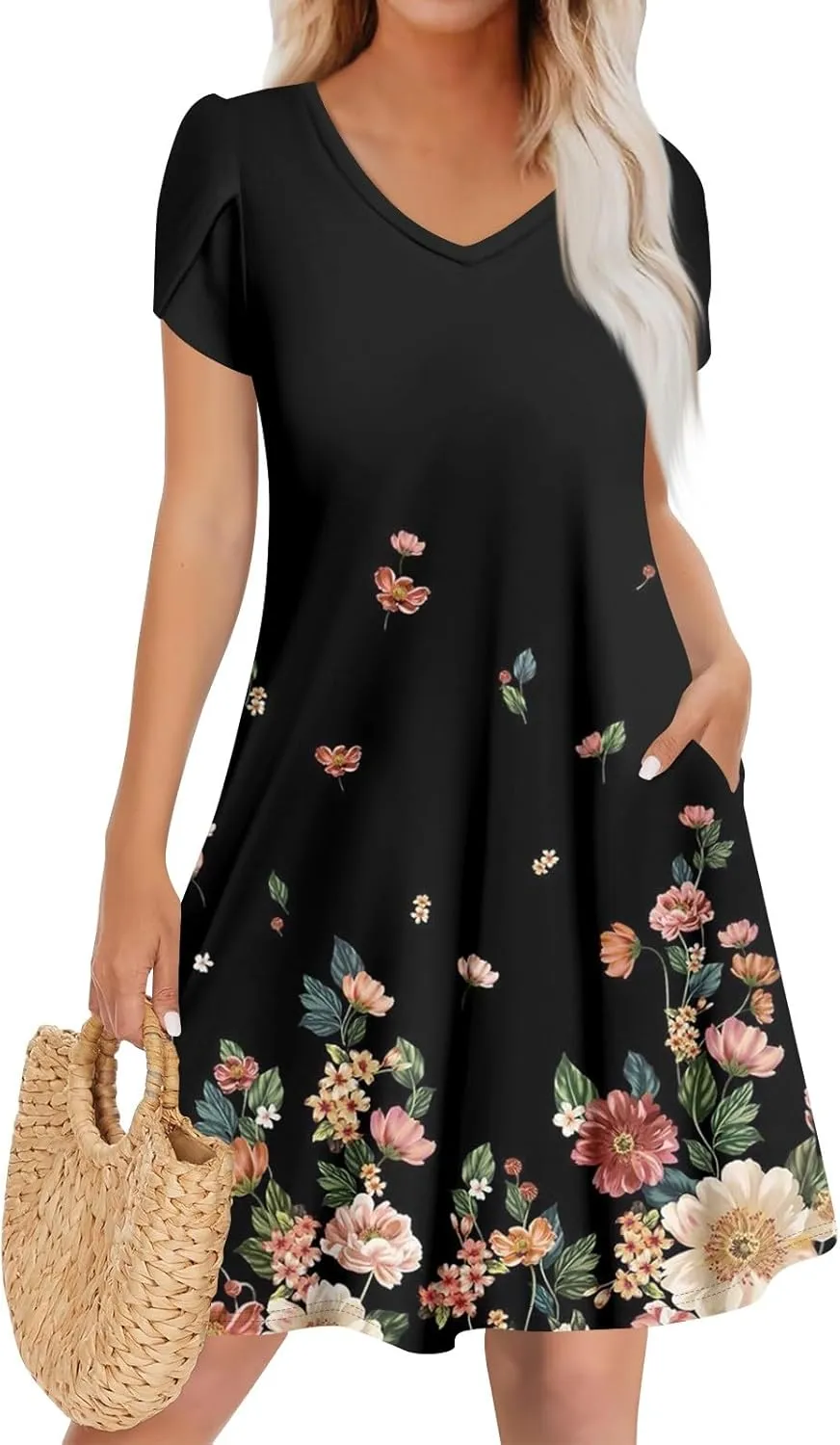 Women's Bohemian Floral Print Summer Dress with Pockets Short Sleeve V-Neck Casual Loose Fit Sundress