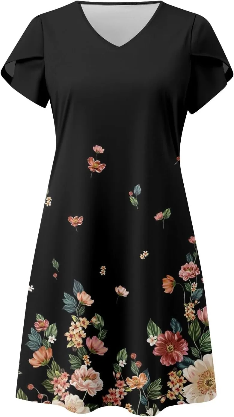 Women's Bohemian Floral Print Summer Dress with Pockets Short Sleeve V-Neck Casual Loose Fit Sundress
