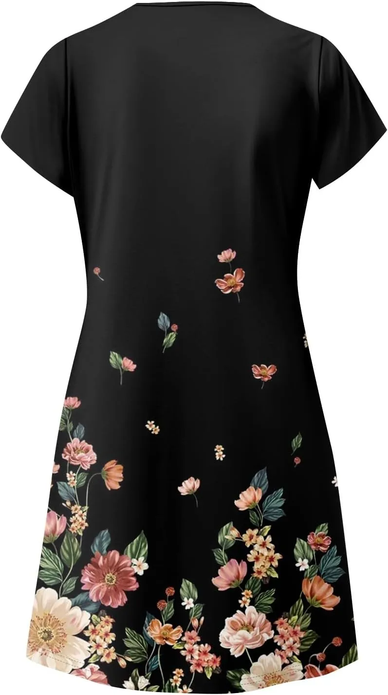 Women's Bohemian Floral Print Summer Dress with Pockets Short Sleeve V-Neck Casual Loose Fit Sundress