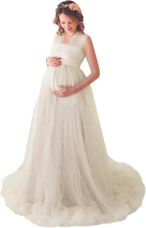 Women's Convertible Multi Way Wrap Tulle Maternity Dress Fit Maxi Off Shoulder Evening Gown for Photoshoot Baby Shower