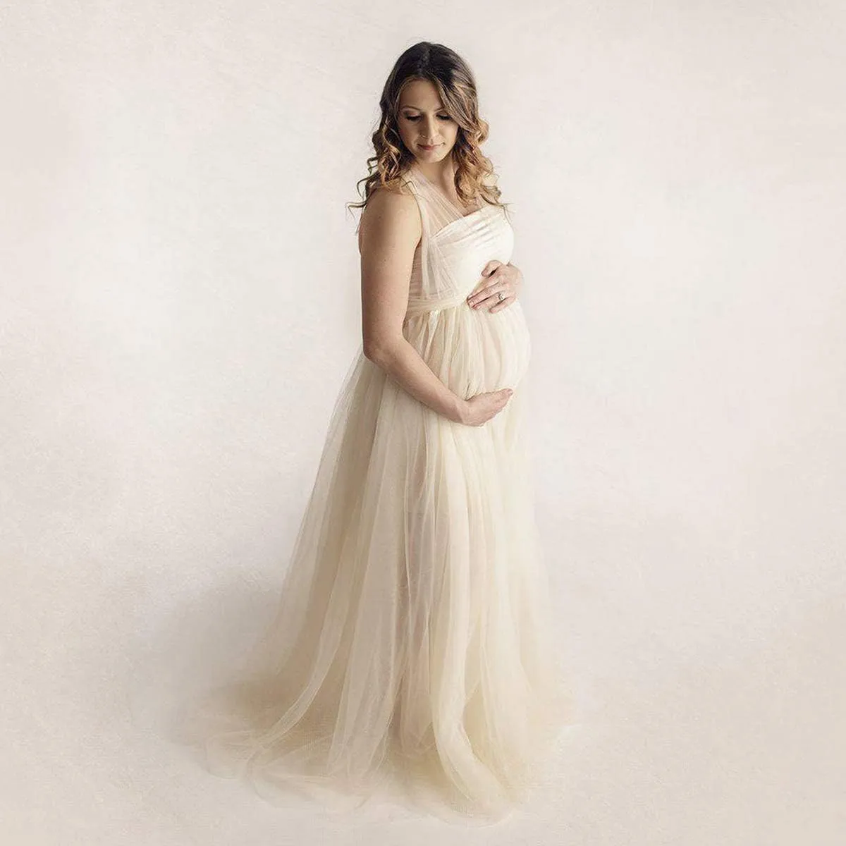 Women's Convertible Multi Way Wrap Tulle Maternity Dress Fit Maxi Off Shoulder Evening Gown for Photoshoot Baby Shower