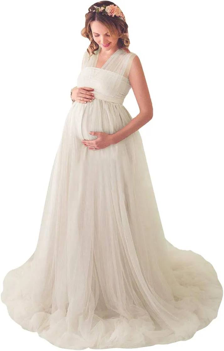 Women's Convertible Multi Way Wrap Tulle Maternity Dress Fit Maxi Off Shoulder Evening Gown for Photoshoot Baby Shower