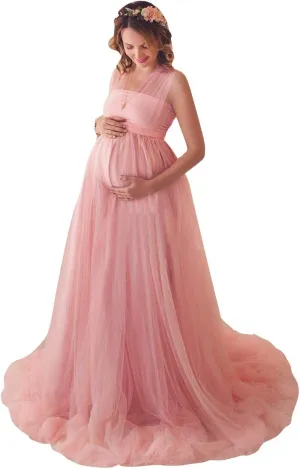 Women's Convertible Multi Way Wrap Tulle Maternity Dress Fit Maxi Off Shoulder Evening Gown for Photoshoot Baby Shower