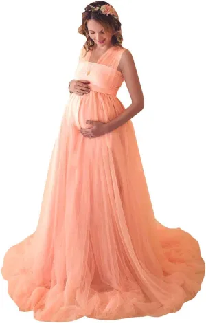 Women's Convertible Multi Way Wrap Tulle Maternity Dress Fit Maxi Off Shoulder Evening Gown for Photoshoot Baby Shower