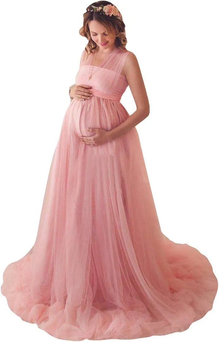 Women's Convertible Multi Way Wrap Tulle Maternity Dress Fit Maxi Off Shoulder Evening Gown for Photoshoot Baby Shower