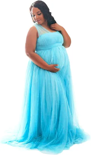 Women's Convertible Multi Way Wrap Tulle Maternity Dress Fit Maxi Off Shoulder Evening Gown for Photoshoot Baby Shower