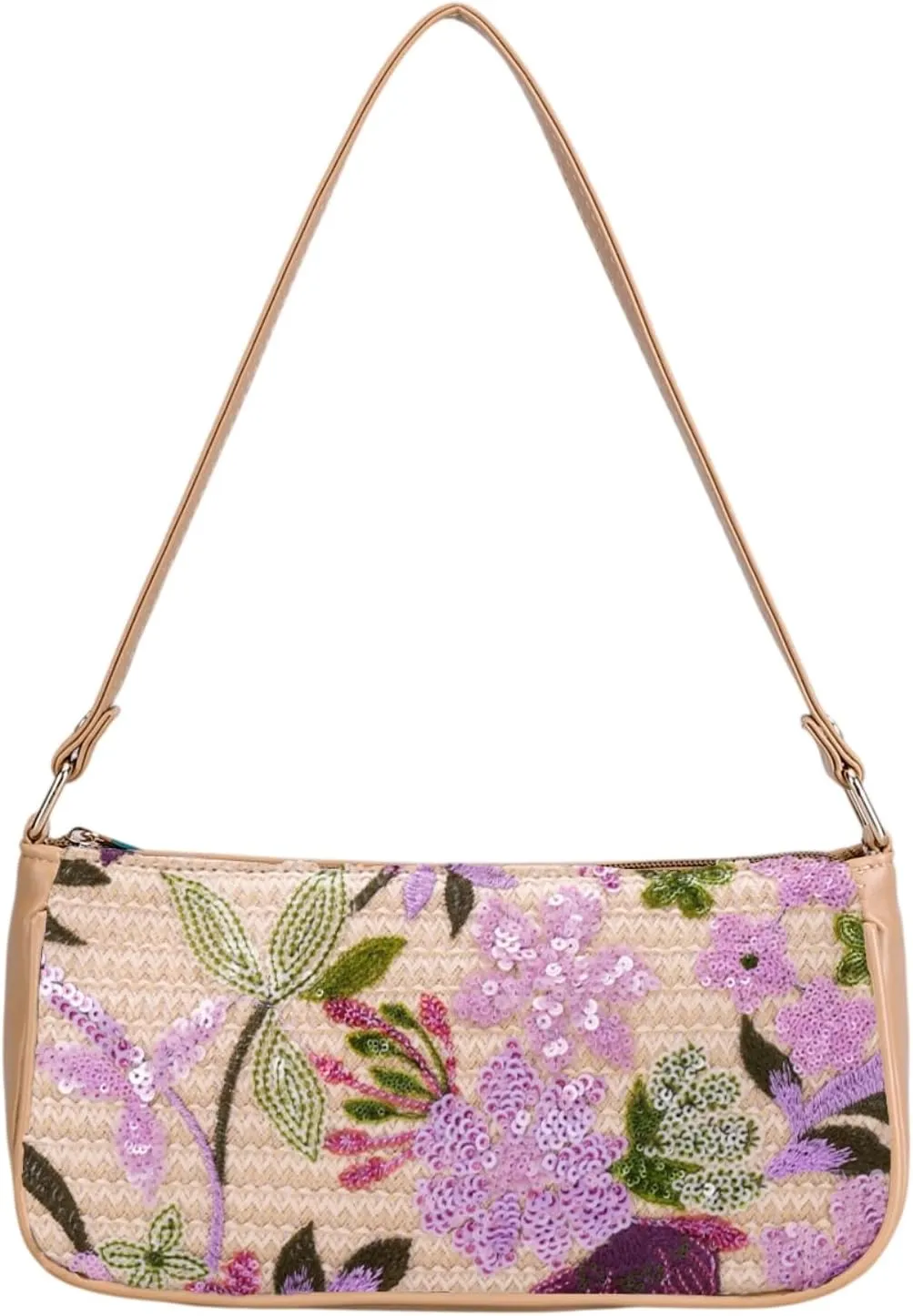 Women's Floral Embroidery Purse, Leather Sequin Beaded Handbag,Summer Beach Tote Shoulder Bag Vacation Wedding Party