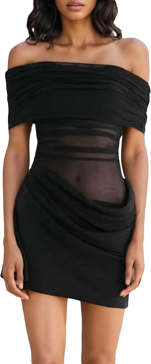 Women's Off The Shoulder Sheer Mesh Mini Dress Ruched Dresses Sexy See Through Y2k Party Club Beach Short Dress