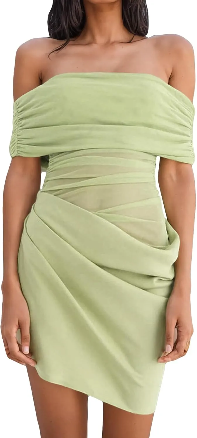 Women's Off The Shoulder Sheer Mesh Mini Dress Ruched Dresses Sexy See Through Y2k Party Club Beach Short Dress