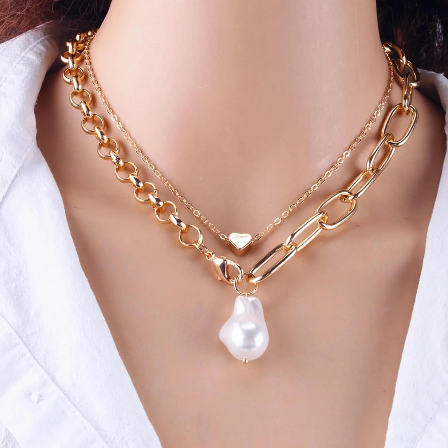 Women's Pearl Strand Necklaces Pendants Choker Chain,Gold Love Heart Layered Pearl Chain Necklace,Silver Pearl Necklaces Women Wedding Jewelry