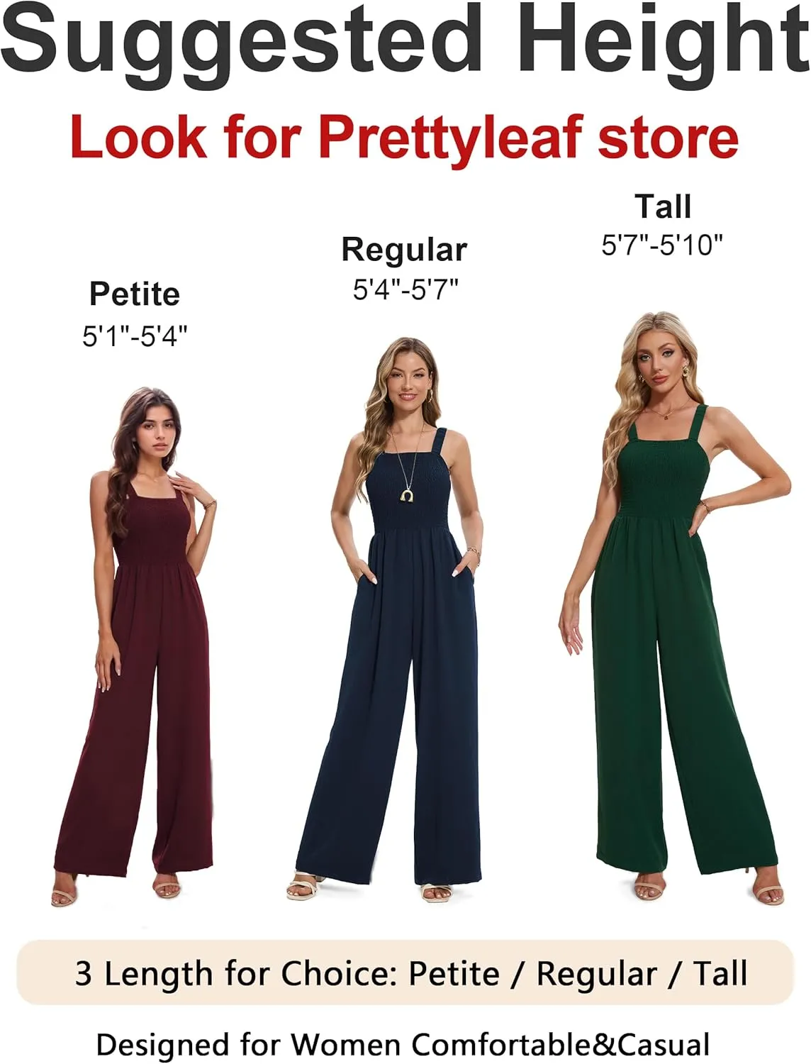 Women's Petite Regular Tall Casual Loose Overalls Jumpsuits One Piece Sleeveless Wide Leg Pants Rompers